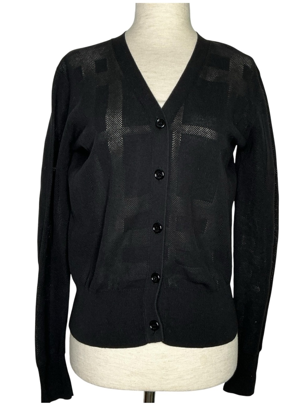 Burberry London Black V-Neck Button Front Women's Knit Cardigan Cotton Sz Large